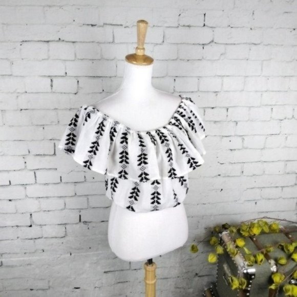 Elan Tops - Elan Ruffled Off The Shoulder Cropped Top In Black And White Size M & L
